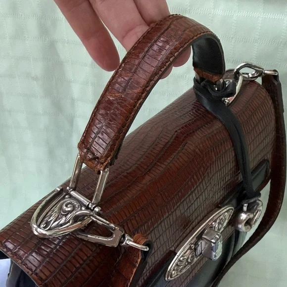 Vintage Black/Brown Brighton Leather Top-Handle Bag with Silver Hardware - Picture 9 of 16